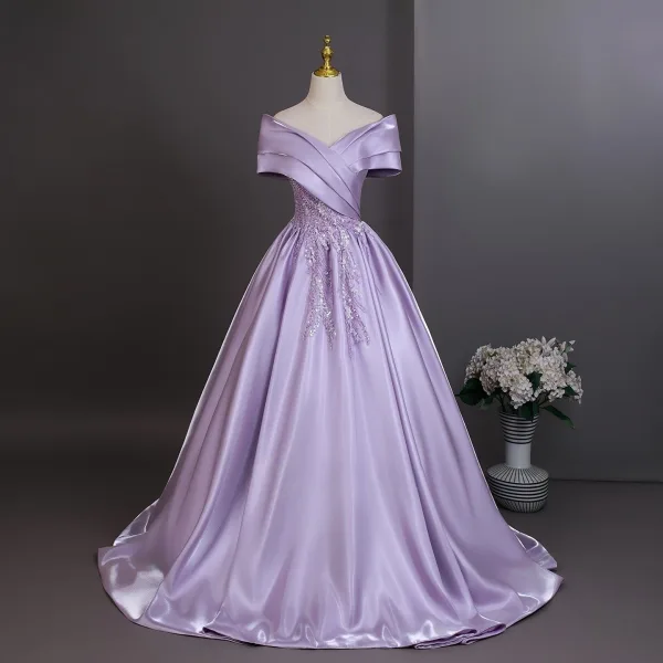 Elegant Lavender Beading Sequins Prom Dresses 2026 Ball Gown Off-The-Shoulder Short Sleeve Backless Floor-Length / Long Formal Dresses