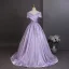 Elegant Lavender Beading Sequins Prom Dresses 2026 Ball Gown Off-The-Shoulder Short Sleeve Backless Floor-Length / Long Formal Dresses