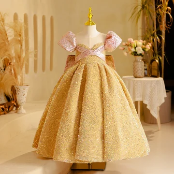 Bling Bling Gold Beading Sequins Birthday Flower Girl Dresses 2024 Ball Gown Scoop Neck Puffy Short Sleeve Backless Bow Floor Length Long