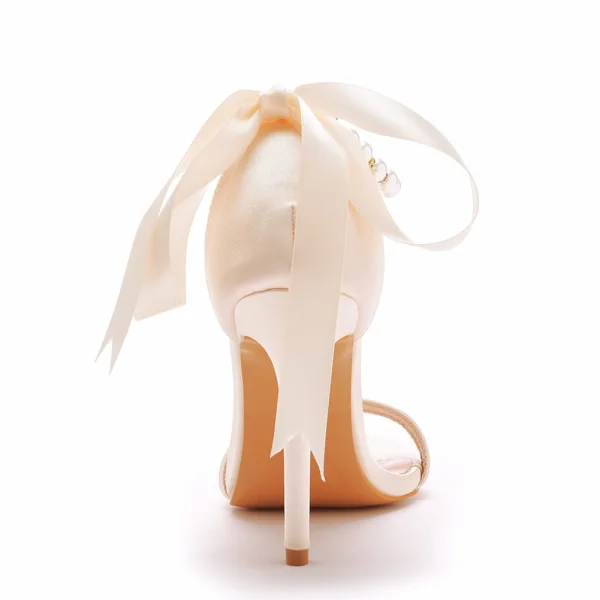 Élégant Blanche Perle Bride Cheville Noeud Soirée Sandales Femme 2023 10 cm Talons Aiguilles Talons Hauts Peep Toes / Bout Ouvert Sandales