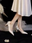 Elegante Ivory / Creme Leder Schleife Brautschuhe 2023 5 cm Thick Heels Spitzschuh Hochzeit Pumps Hochhackige