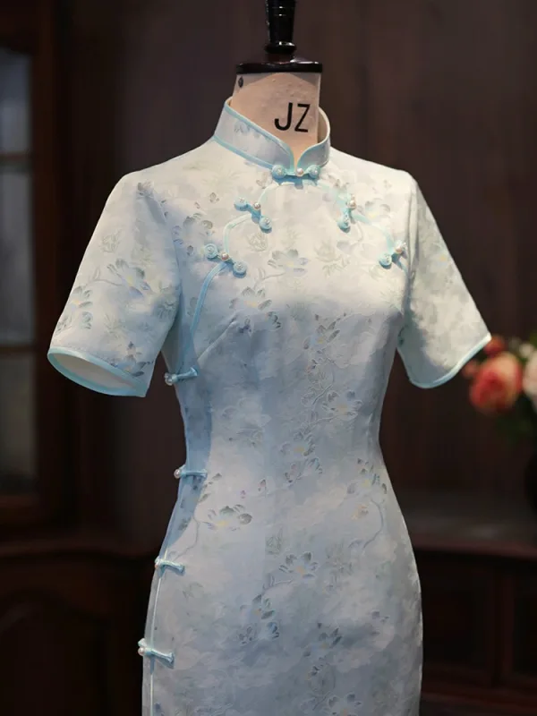 Chinese style Sky Blue Printing Tea-length Silk Cheongsam 2026 Trumpet / Mermaid High Neck Short Sleeve