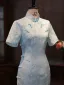 Chinese style Sky Blue Printing Tea-length Silk Cheongsam 2026 Trumpet / Mermaid High Neck Short Sleeve