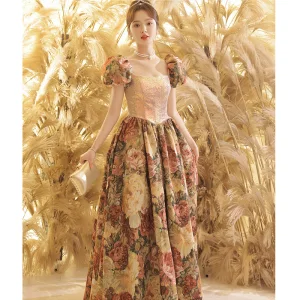 Vintage Retro Fancy Gold Printing Prom Dresses 2023 A Line Princess Square Neckline Puffy Short Sleeve Backless Floor Length Long Prom Formal Dresses