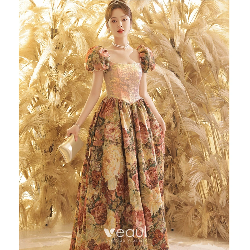Vintage Retro Fancy Gold Printing Prom Dresses 2023 A Line Princess Square Neckline Puffy Short Sleeve Backless Floor Length Long Prom Formal Dresses