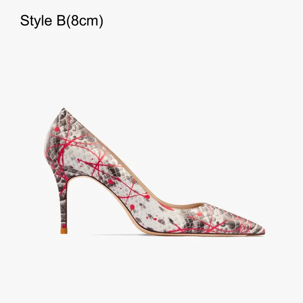 Mote Multi-Farger Lær Slangeskinn Print Aften Pumps 2023 10 cm Stiletthæler Spisse Pumps Høyhælte
