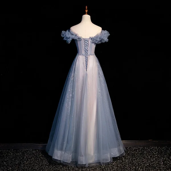 Chic / Beautiful Sky Blue Beading Pearl Sequins Prom Dresses 2022 A-Line / Princess Off-The-Shoulder Short Sleeve Backless Floor-Length / Long Prom Formal Dresses