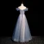 Chic / Beautiful Sky Blue Beading Pearl Sequins Prom Dresses 2022 A-Line / Princess Off-The-Shoulder Short Sleeve Backless Floor-Length / Long Prom Formal Dresses