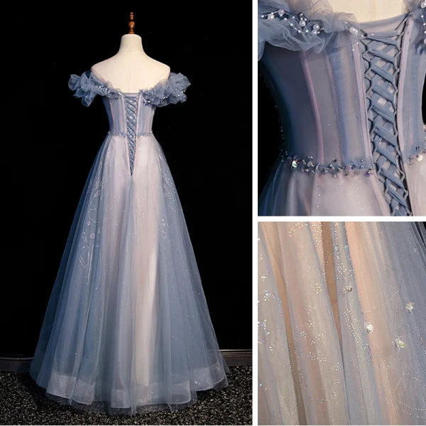 Chic / Beautiful Sky Blue Beading Pearl Sequins Prom Dresses 2022 A-Line / Princess Off-The-Shoulder Short Sleeve Backless Floor-Length / Long Prom Formal Dresses