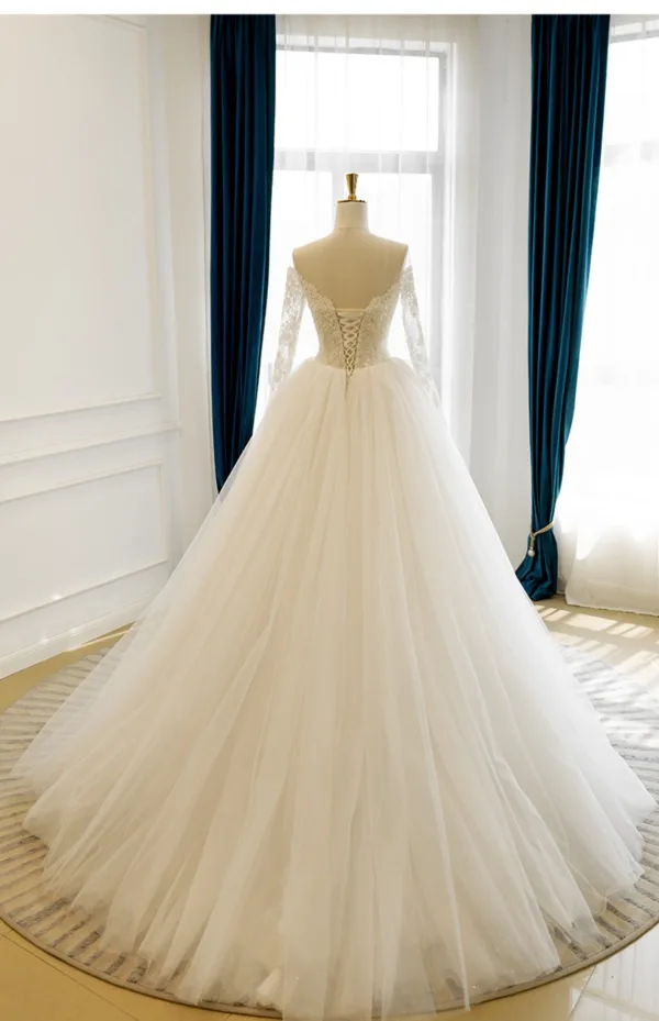 High-end White Handmade Beading Pearl Sequins Lace Flower Wedding Dresses 2026 Ball Gown Off-The-Shoulder Long Sleeve Backless Floor-Length / Long Tulle