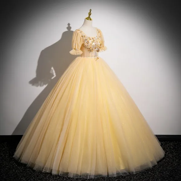 Élégant Champagne Perlage Paillettes Robe De Bal 2024 Robe Boule Encolure Carrée Manches Courtes Dos Nu Longue Promo Robe De Ceremonie