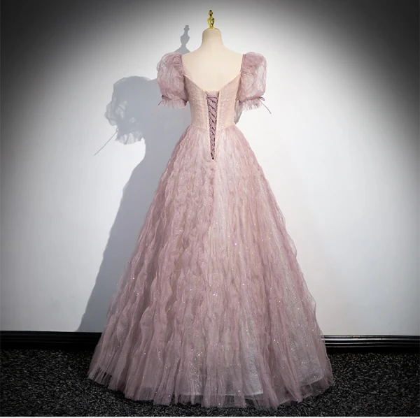 Chic / Belle Rougissant Rose Glitter Appliques Volants Robe De Bal 2024 Princesse Encolure Carrée Manches Courtes Dos Nu Longue Promo Robe De Ceremonie