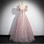 Chic / Belle Rougissant Rose Glitter Appliques Volants Robe De Bal 2024 Princesse Encolure Carrée Manches Courtes Dos Nu Longue Promo Robe De Ceremonie