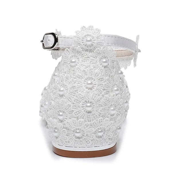 Simple Blanche Perle En Dentelle Fleur Plate Chaussure De Mariée 2024 À Bout Pointu Mariage Talons