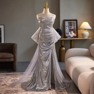 Sexy Silver Grey Sequins Split Front Prom Dresses 2024 Trumpet Mermaid Strapless Sleeveless Backless Sweep Train Prom Formal Dresses