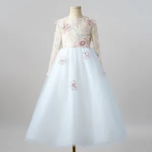 Chic Belle Blanche Appliques Paillettes Anniversaire Robe Ceremonie Fille 2025 Princesse Encolure Dégagée Manches Longues Longue Robe Ceremonie Fille