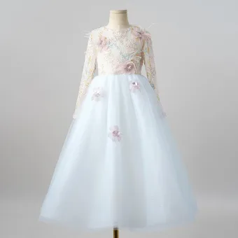 Chic Belle Blanche Appliques Paillettes Anniversaire Robe Ceremonie Fille 2025 Princesse Encolure Dégagée Manches Longues Longue Robe Ceremonie Fille
