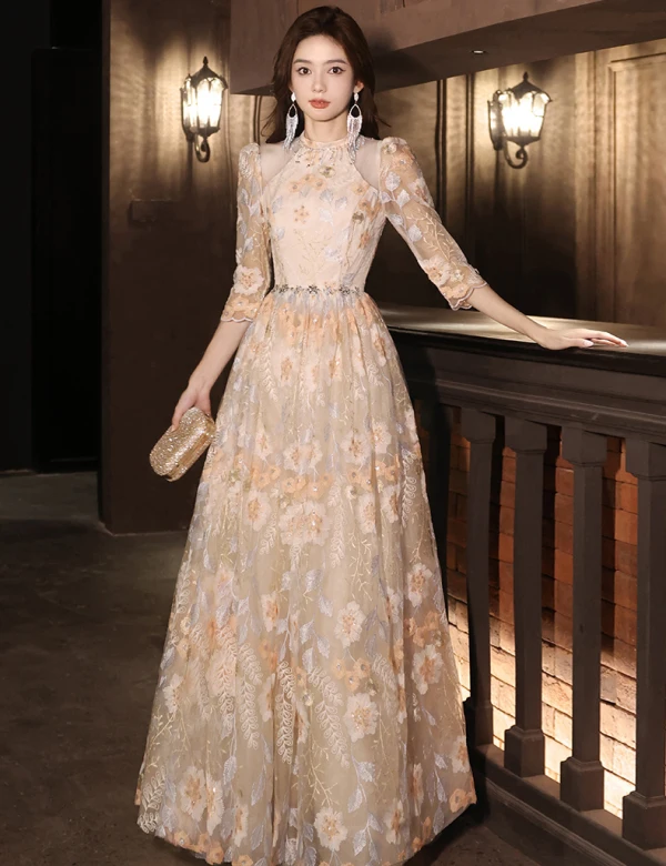 Chic / Beautiful Champagne Sequins Lace Flower Prom Dresses 2024 A-Line / Princess Scoop Neck 3/4 Sleeve Floor-Length / Long Prom Formal Dresses