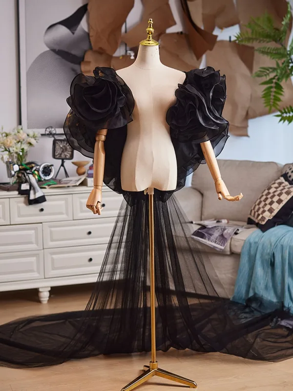 Fashion Black Handmade  Ruffle Flower Prom Shawls 2025