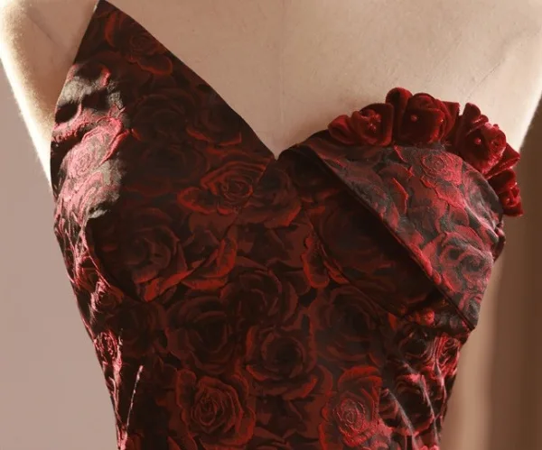 Sexy Burgundy Printing Evening Dresses 2026 Trumpet / Mermaid Strapless Sleeveless Backless Bow Floor-Length / Long Formal Dresses