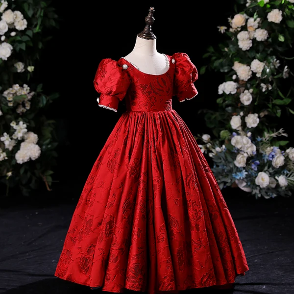 Chic / Belle Rouge Impression Anniversaire Robe Ceremonie Fille 2024 Princesse Encolure Dégagée Gonflée Perle Manches Courtes Longue