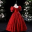 Chic / Belle Rouge Impression Anniversaire Robe Ceremonie Fille 2024 Princesse Encolure Dégagée Gonflée Perle Manches Courtes Longue