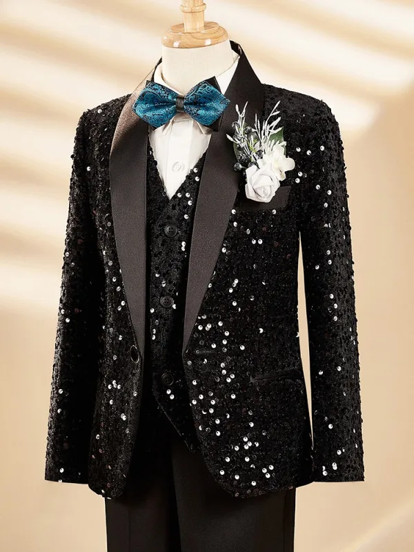 Black Sequins Long Sleeve Fall Winter 6-piece Boys Wedding Suits Body Jewellery 2025 Coat Pants Shirt Tie Vest