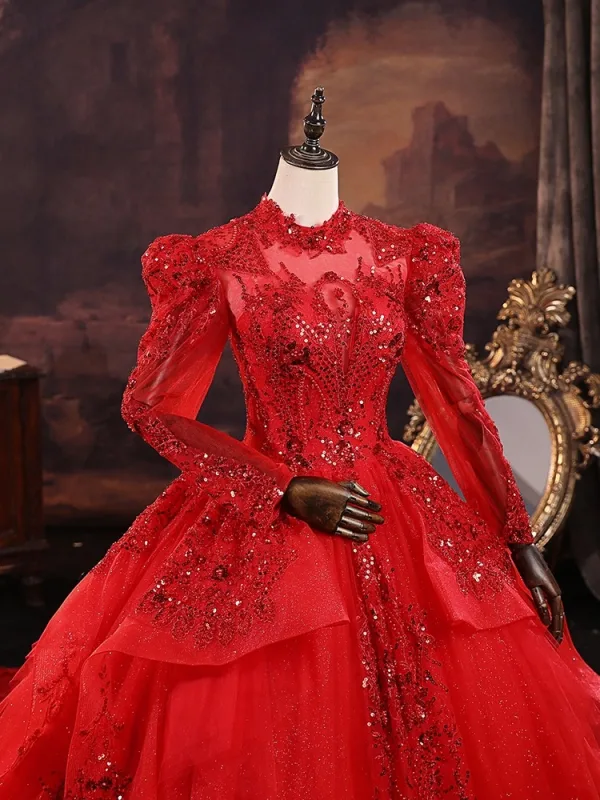 Vintage / Retro Red Beading Sequins Wedding Dresses 2025 Ball Gown High Neck Long Sleeve Backless Royal Train Wedding