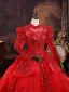 Vintage / Retro Red Beading Sequins Wedding Dresses 2025 Ball Gown High Neck Long Sleeve Backless Royal Train Wedding