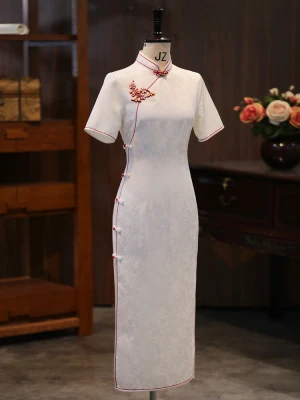 Chinese Style White Silk Printing Evening Party Cheongsam 2024 Trumpet Mermaid High Neck Short Sleeve Tea Length