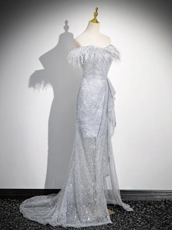 Bling Bling Gris Perlage Paillettes Robe De Bal 2024 Trompette / Sirène De l'épaule Gland Sans Manches Dos Nu Promo Train De Balayage Robe De Ceremonie