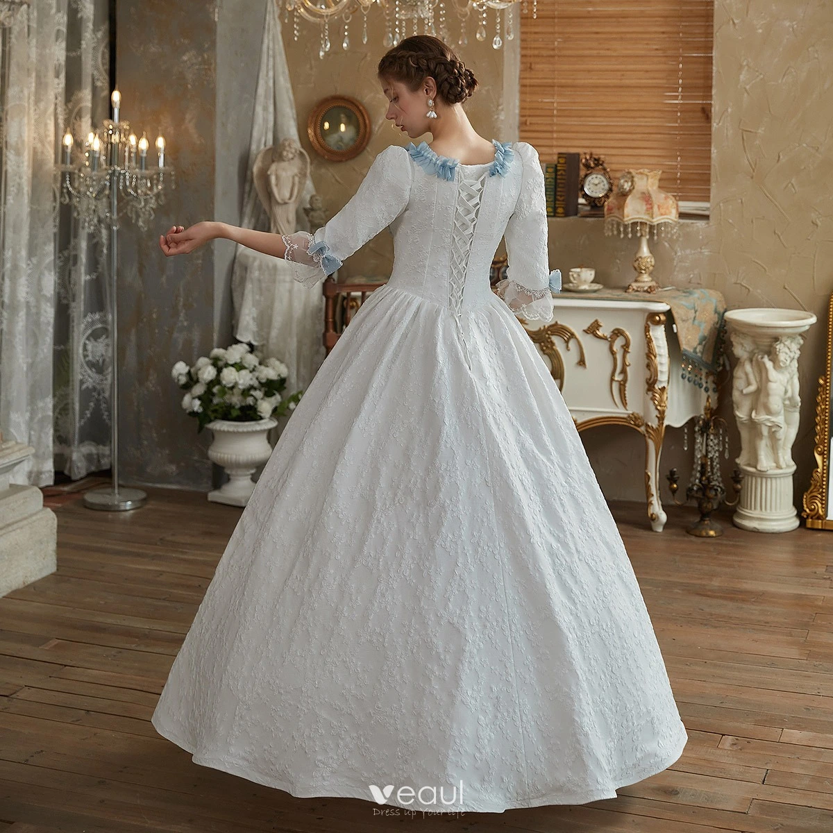 18th Century Medieval White Floor Length Princess Gown Medieval White  Victorian Masked Prom Dress Lace Flower
