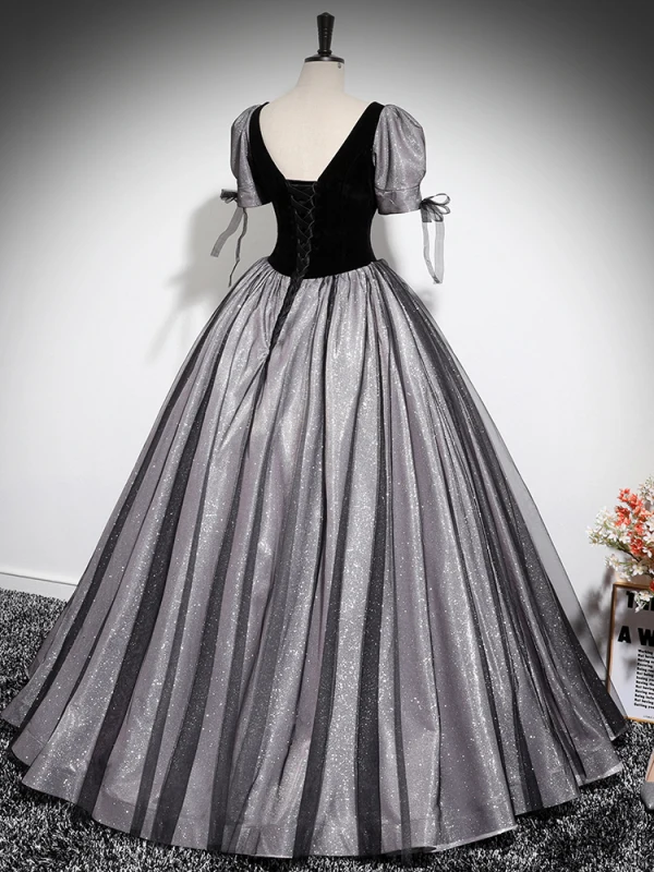 Elegant Black Appliques Glitter Prom Dresses 2024 Ball Gown Square Neckline Short Sleeve Backless Floor-Length / Long Prom Formal Dresses