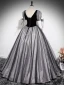 Elegant Black Appliques Glitter Prom Dresses 2024 Ball Gown Square Neckline Short Sleeve Backless Floor-Length / Long Prom Formal Dresses
