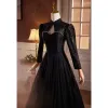 Vintage / Retro Black Lace Winter Prom Dresses 2024 A-Line / Princess High Neck Long Sleeve Backless Floor-Length / Long Prom Formal Dresses