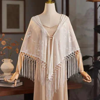 Vintage Sjal Aprikos Beige Spets Tassel Polyester Sjalar 2025