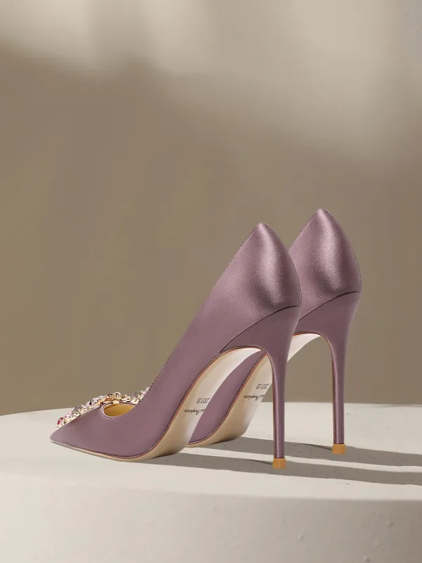 Charmant Lavendel Strass Abend Pumps 2024 Leder 10 cm Stilettos Spitzschuh Pumps Hochhackige