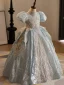 Charming Sparkly Sky Blue Beading Pearl Sequins Flower Girl Dresses 2024 Ball Gown High Neck Short Sleeve Backless Floor-Length / Long Birthday