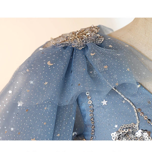 Fashion Sky Blue Beading Star Sequins Birthday Flower Girl Dresses 2023 Ball Gown V-Neck Short Sleeve Backless Floor-Length / Long Flower Girl Dresses