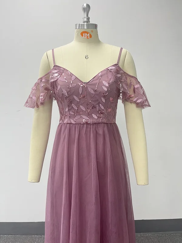 Chic / Belle Rougissant Rose Brodé Paillettes Robe De Bal 2024 Princesse Bretelles Spaghetti Sans Manches Dos Nu Longue Promo Robe De Ceremonie
