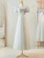 Modest / Simple Grey Short Sleeve Backless Bridesmaid Dresses 2024 A-Line / Princess Floor-Length / Long Tulle