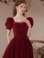 Elegant Burgundy Velvet Prom Dresses 2023 A-Line / Princess Rhinestone Square Neckline Short Sleeve Backless Floor-Length / Long Prom Formal Dresses