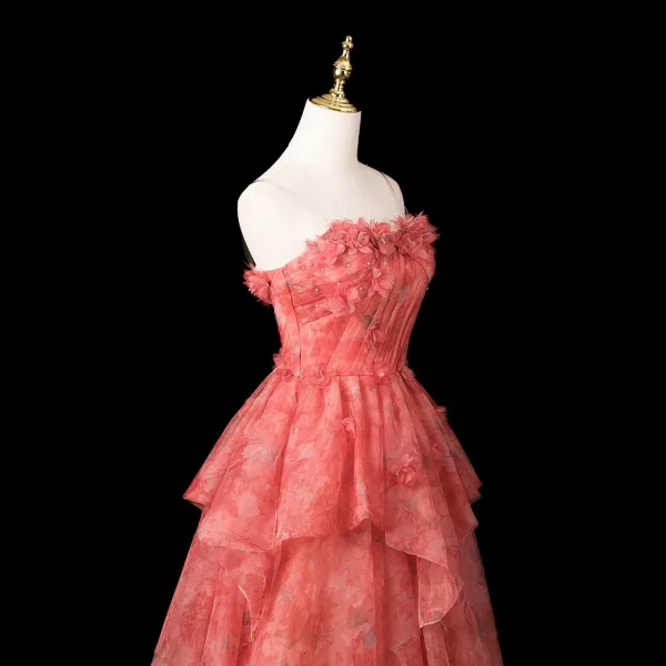 Elegant Watermelon Appliques Printing Prom Dresses 2025 Ball Gown Strapless Sleeveless Backless Sweep Train Prom Formal Dresses