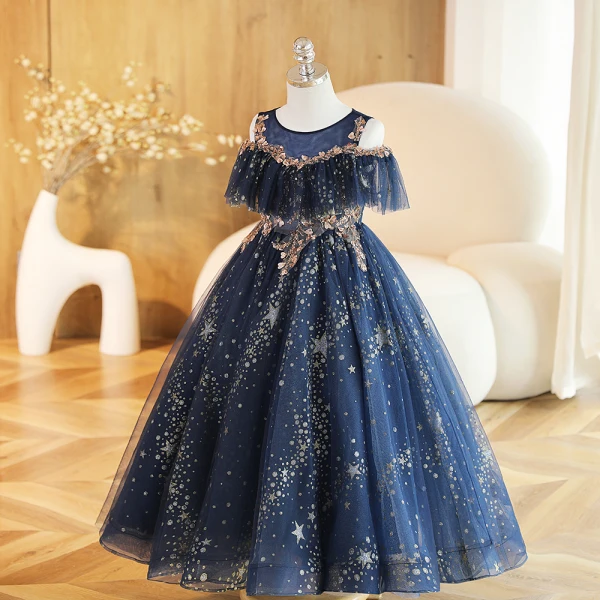 Charming Navy Blue Beading Sequins Birthday Flower Girl Dresses 2023 Ball Gown Scoop Neck Short Sleeve Floor-Length / Long Flower Girl Dresses