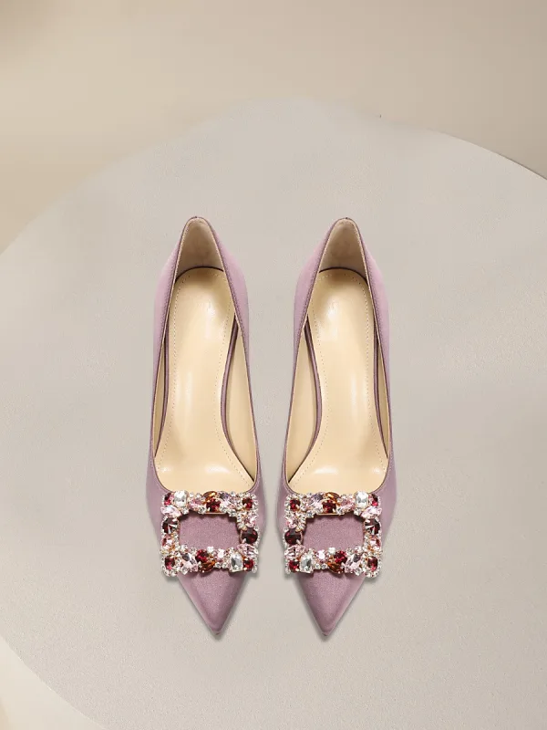 Charmant Lavendel Strass Abend Pumps 2024 Leder 10 cm Stilettos Spitzschuh Pumps Hochhackige
