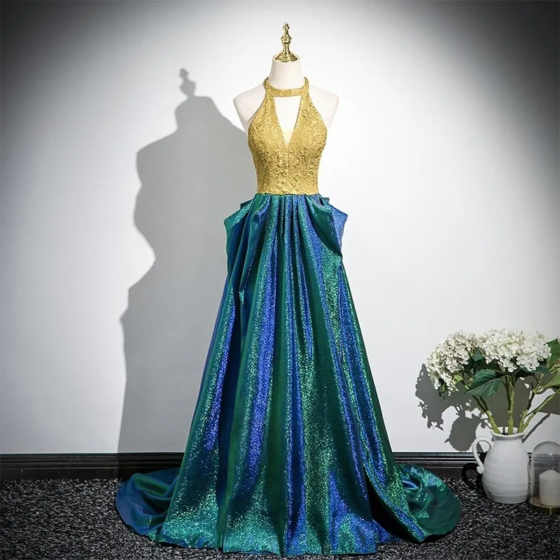 Vintage Retro Jade Green Prom Dresses 2025 A Line Princess Halter  Sleeveless Backless Sweep Train Formal Dresses