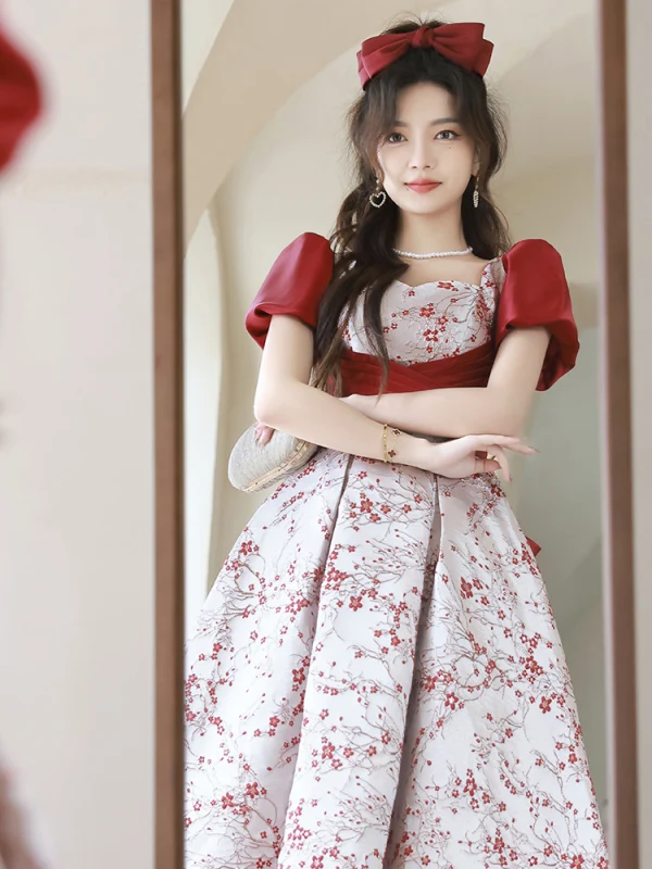 Chic / Beautiful Burgundy Floral Homecoming Graduation Dresses 2023 A-Line / Princess Square Neckline Short Sleeve Backless Bow Floor-Length / Long Formal Dresses