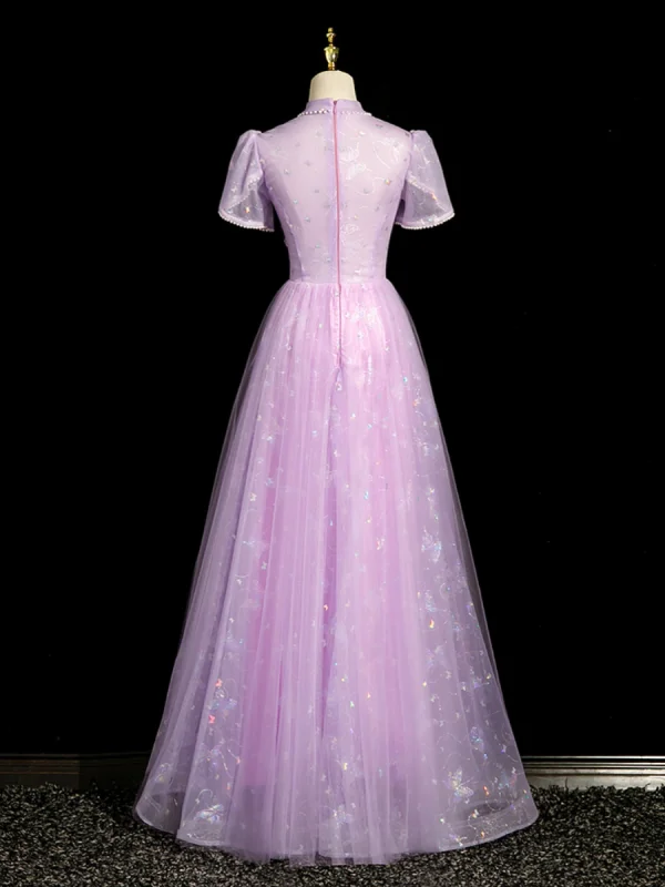 Chic / Beautiful Lilac Beading Pearl Sequins Prom Dresses 2023 A-Line / Princess High Neck Short Sleeve Floor-Length / Long Prom Formal Dresses
