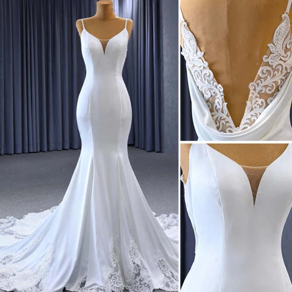 High End Weiß Satin Spitze Blumen Brautkleider / Hochzeitskleider 2023 Meerjungfrau Spaghettiträger Ärmellos Rückenfreies Kapelle-Schleppe Hochzeit