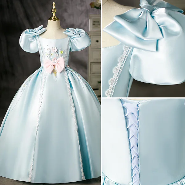 Élégant Bleu Ciel Perlage Perle Appliques Anniversaire Robe Ceremonie Fille 2022 Robe Boule Satin Encolure Carrée Gonflée Manches Courtes Dos Nu Noeud Longue Robe Ceremonie Fille